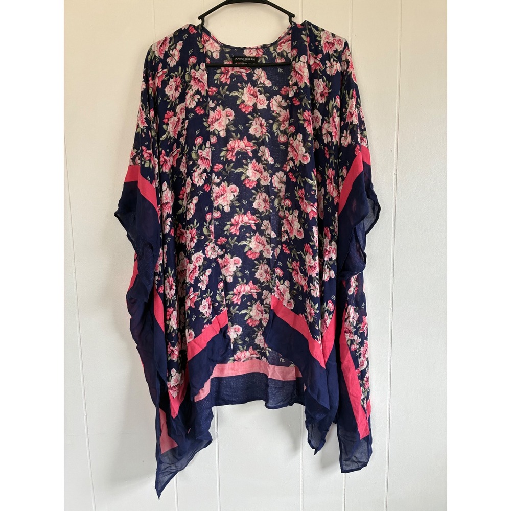 Mario Serrani Italy Navy Pink Rose Floral Viscose‎ Kimono Wrap One Size OS